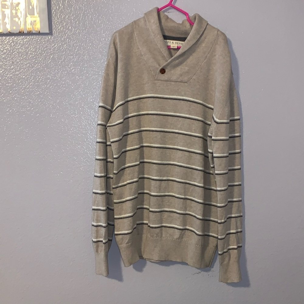 Hope & Henry Boys Shawl Collar Organic Cotton Sweater Light Taupe Heather Stripe